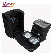 Nylon Makeup Case Portable Travel Trolley Cosmetic Case Organiser Rolling Makeup Artist Train Case Storage Box